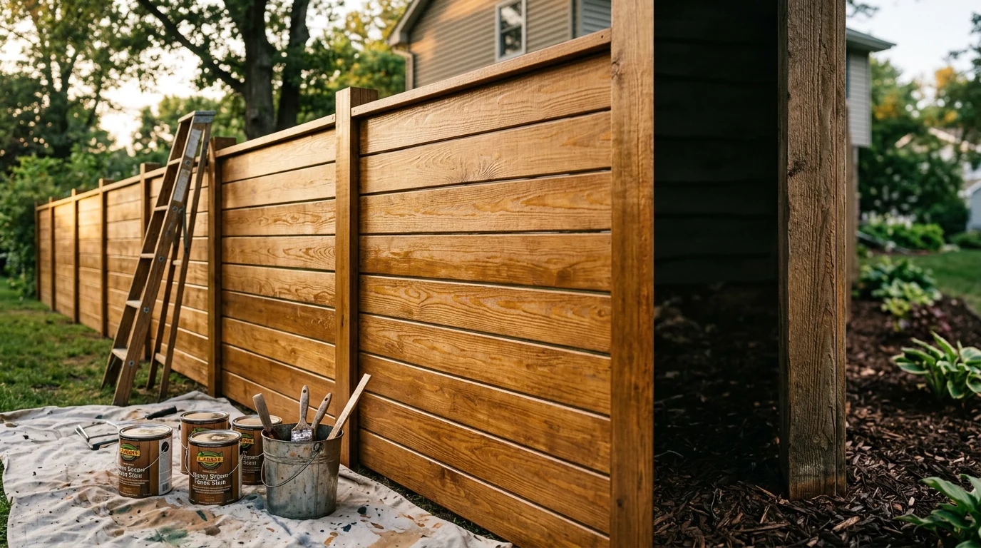 Freshly painted residential fence in a Twin Cities backyard