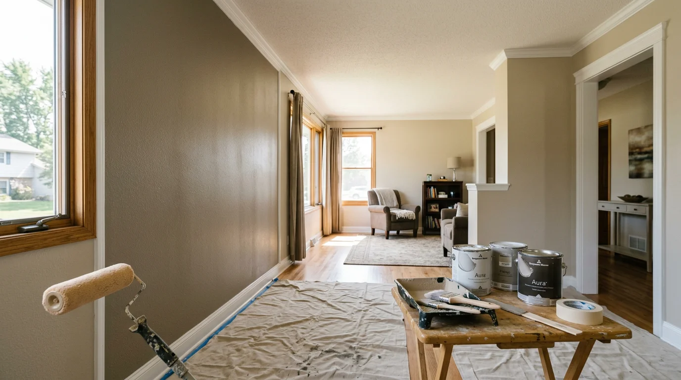 Professional painter applying interior paint to a residential wall in Woodbury, Minnesota