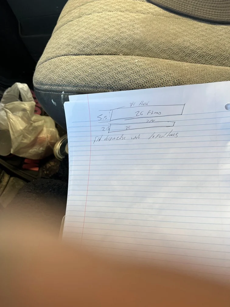 Handwritten estimate notes on tan fabric car seat with measurements and treatment details