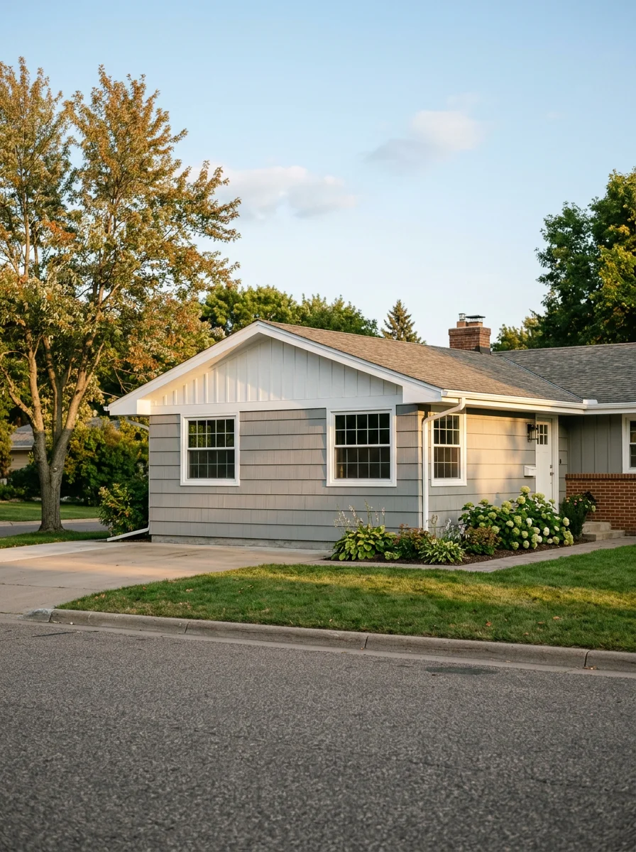 Exterior view of a mid-century Bloomington, MN rambler with freshly painted white trim and gray siding, showing clean cut-ins at the window frames and roofline.