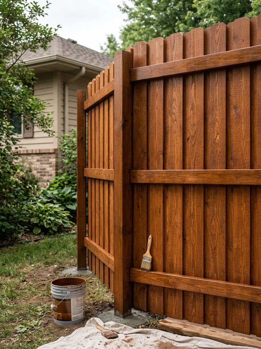 Freshly stained wood privacy fence in a Cottage Grove, MN backyard, showing even stain coverage on both fence boards and posts after pressure washing and prep.