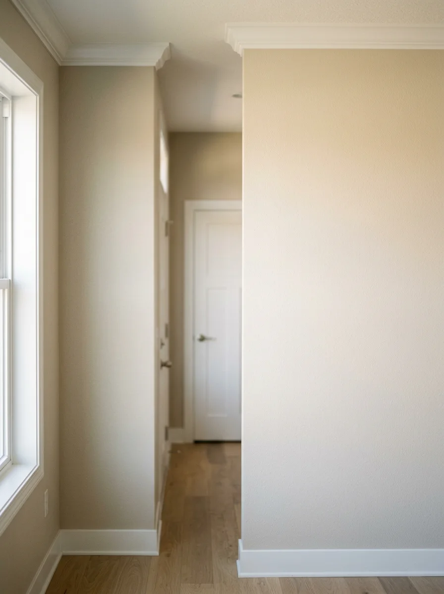 Freshly painted interior living room in a newer Inver Grove Heights, MN townhome, showing clean eggshell finish on walls with crisp cut-ins at the ceiling and white trim.