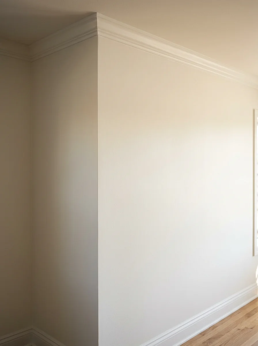Smooth, freshly skim-coated and painted interior wall in a Maplewood, MN home, showing even color coverage with clean cut-ins at the ceiling and trim.