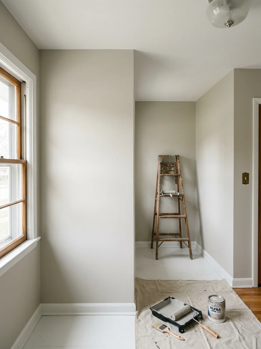 Freshly painted interior of a compact Roseville, MN post-war rambler bedroom, showing clean cut-ins at the low ceiling line and even color coverage on all four walls.