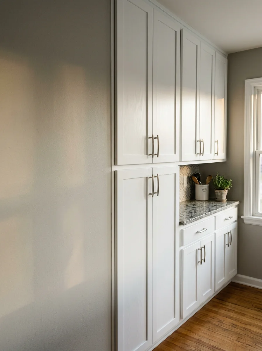 Freshly painted white kitchen cabinets in a mid-century St. Louis Park, MN home, showing smooth finish on original wood cabinet doors with updated hardware installed.