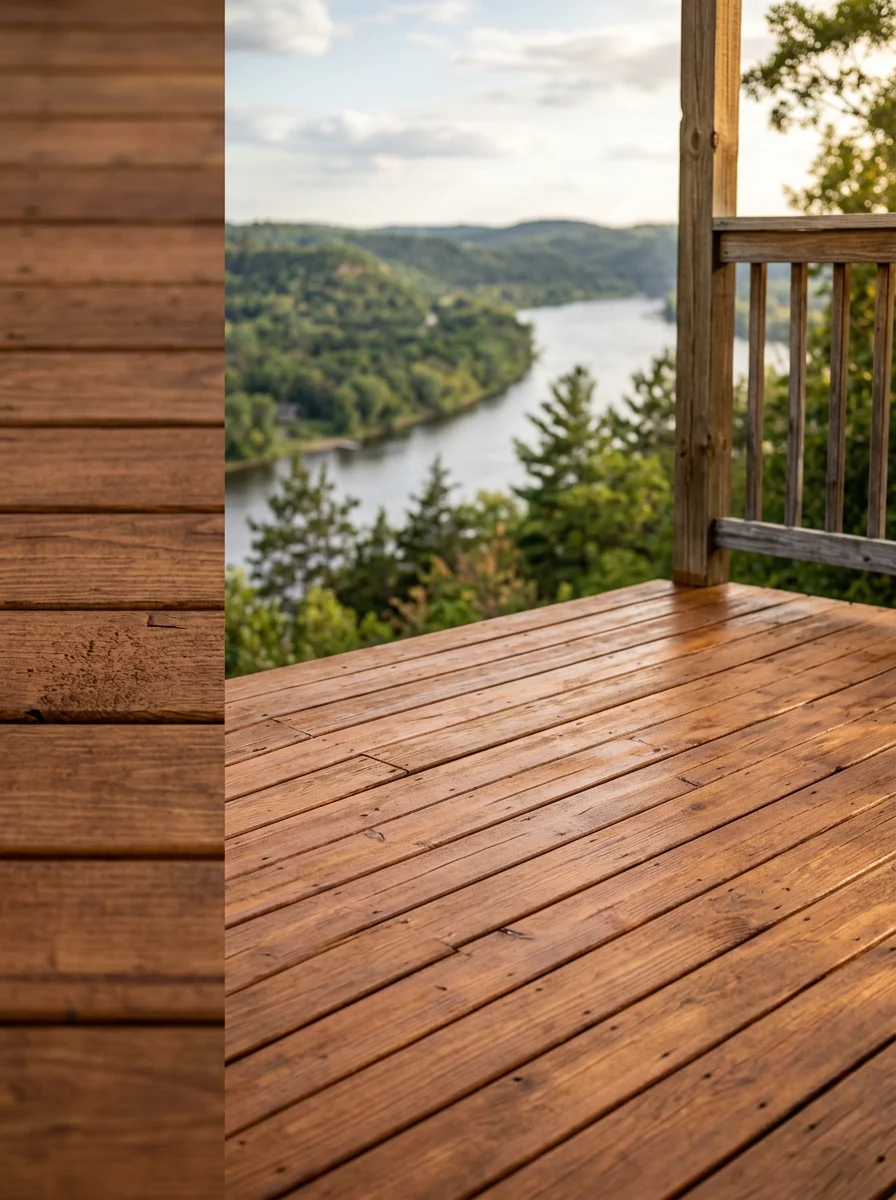 Freshly stained cedar deck boards on a Stillwater, MN bluff property overlooking the St. Croix River valley, with even stain coverage across the full deck surface.