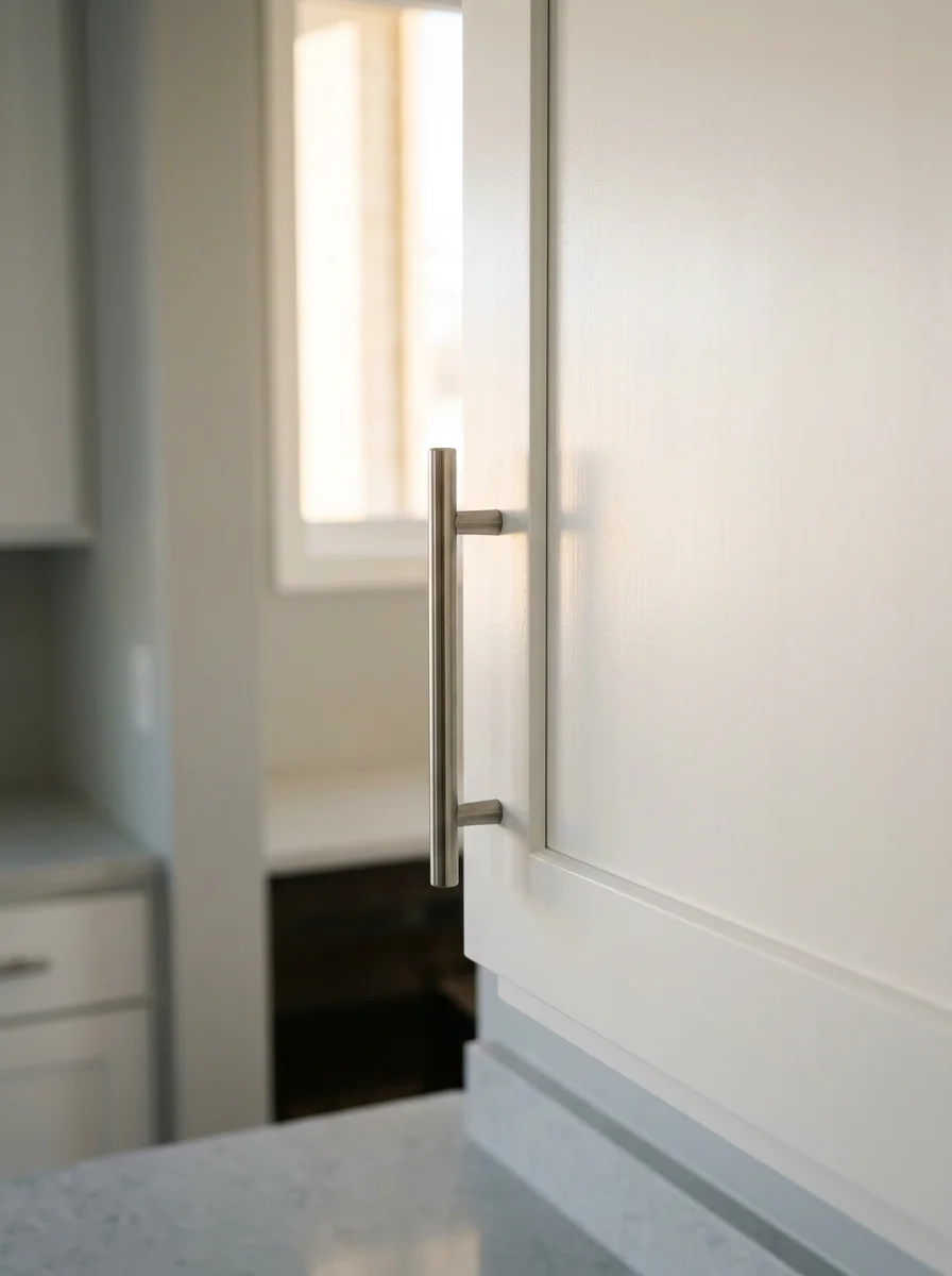 Close-up of freshly painted white kitchen cabinets with new hardware in a Woodbury, MN home, showing smooth brush-and-roll finish on the cabinet doors.