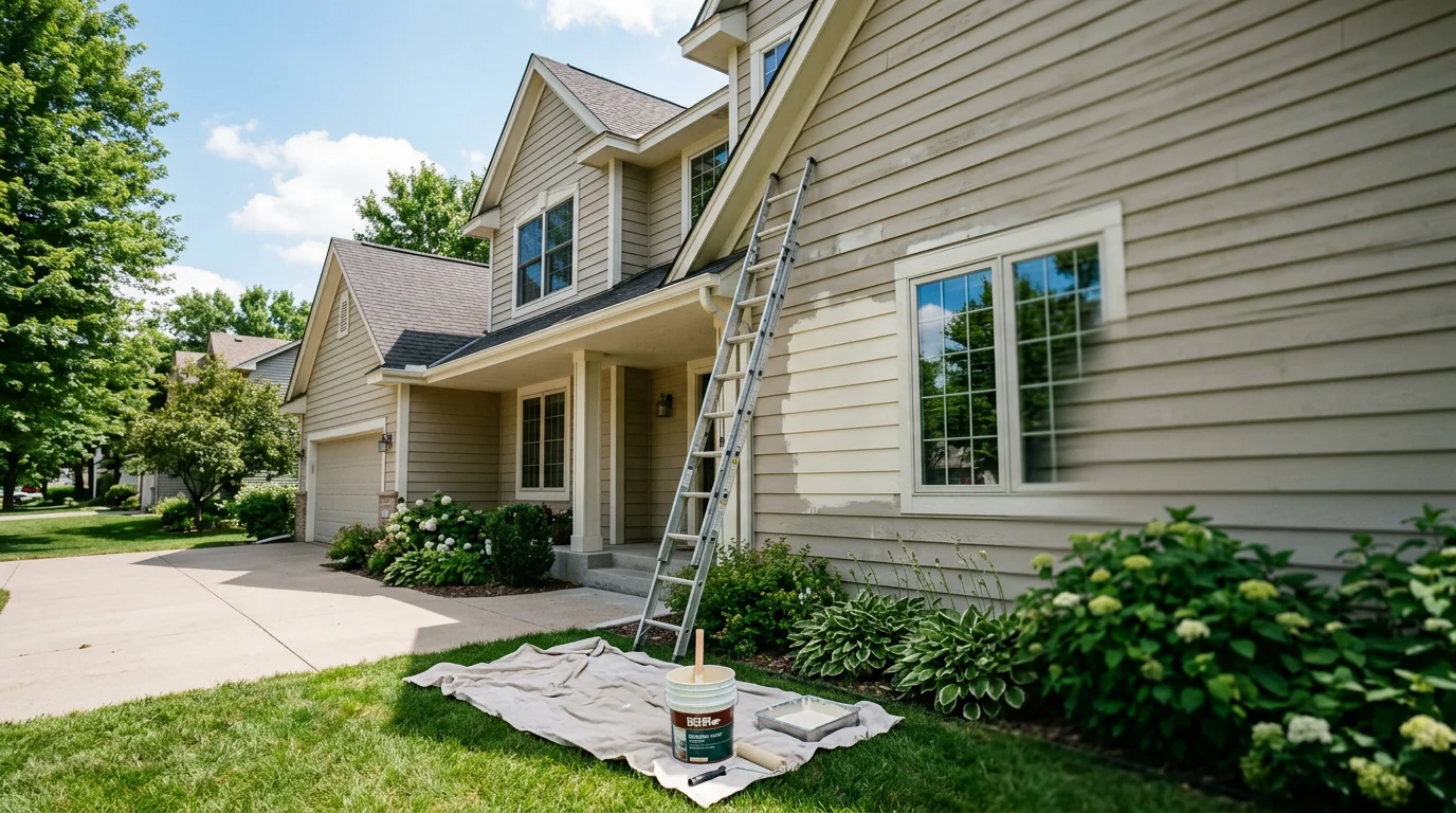 Painter applying exterior paint to fiber-cement siding on a two-story Woodbury, MN home, with a ladder staged against the front elevation on a clear summer day.
