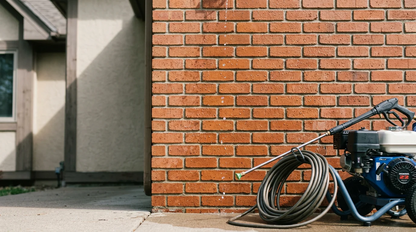 A Woodbury home's stucco exterior being pressure washed, showing clean sections next to areas still covered in algae and grime. A technician works at a safe distance from the wall surface.