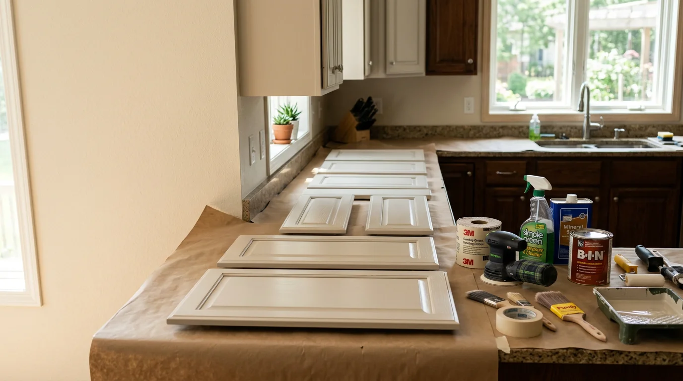 Freshly painted white kitchen cabinets with smooth, even finish in a Woodbury, Minnesota home. Cabinet doors are rehung after refinishing, showing clean lines and no brush marks.