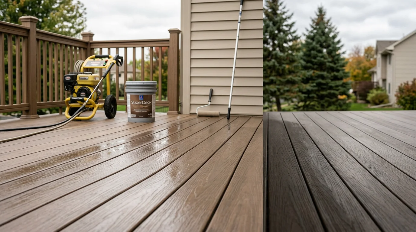 A freshly painted wood deck on a residential home in Woodbury, Minnesota, showing clean, even paint coverage on deck boards and railings. The deck surface shows a solid, uniform color finish against a typical suburban backyard setting.