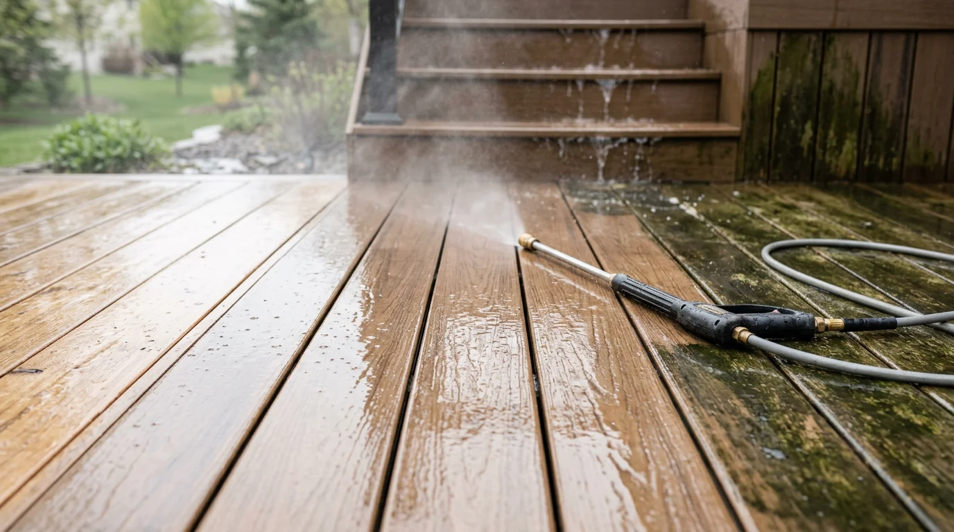 A wood deck in a Woodbury, Minnesota backyard after professional pressure washing, showing clean boards with mold and gray weathering removed. The deck surface is visibly brightened and free of algae buildup along the board gaps and stair treads.