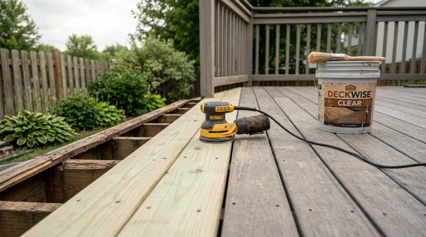 A repaired and freshly finished wood deck on a Woodbury, Minnesota home, showing smooth boards, secured railings, and an even surface coat ready for the season.