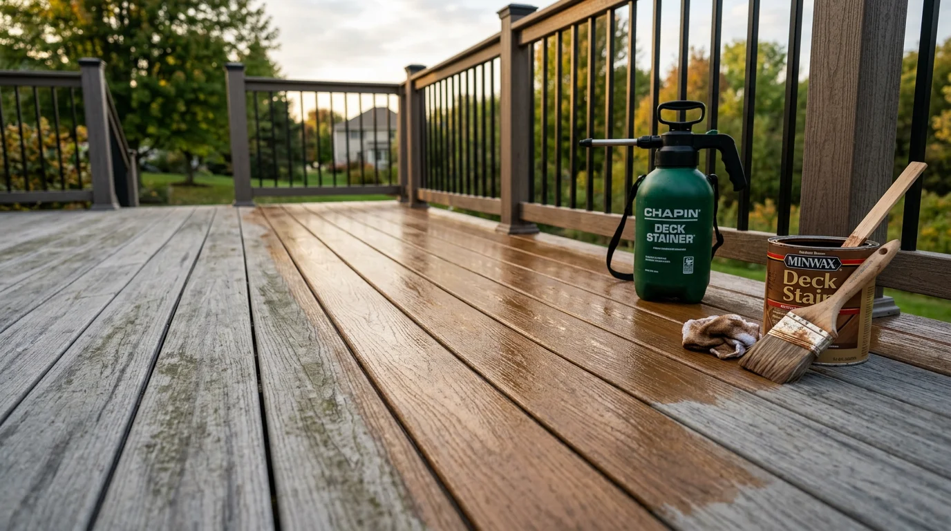 A freshly stained wood deck on a residential home in Woodbury, Minnesota, showing even stain coverage across deck boards, railings, and steps. The deck surface appears clean and protected against the backdrop of a typical Twin Cities suburban backyard.