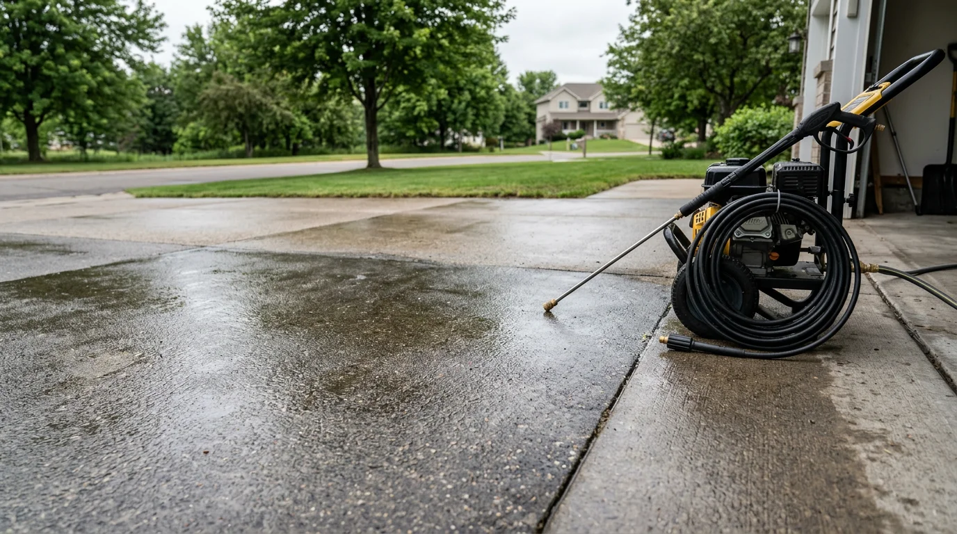 A concrete driveway in a Woodbury, Minnesota residential neighborhood shown after professional pressure washing, with clean surface texture visible from the garage apron to the street edge. Dirt, algae staining, and road salt residue have been removed, restoring the original color of the concrete.