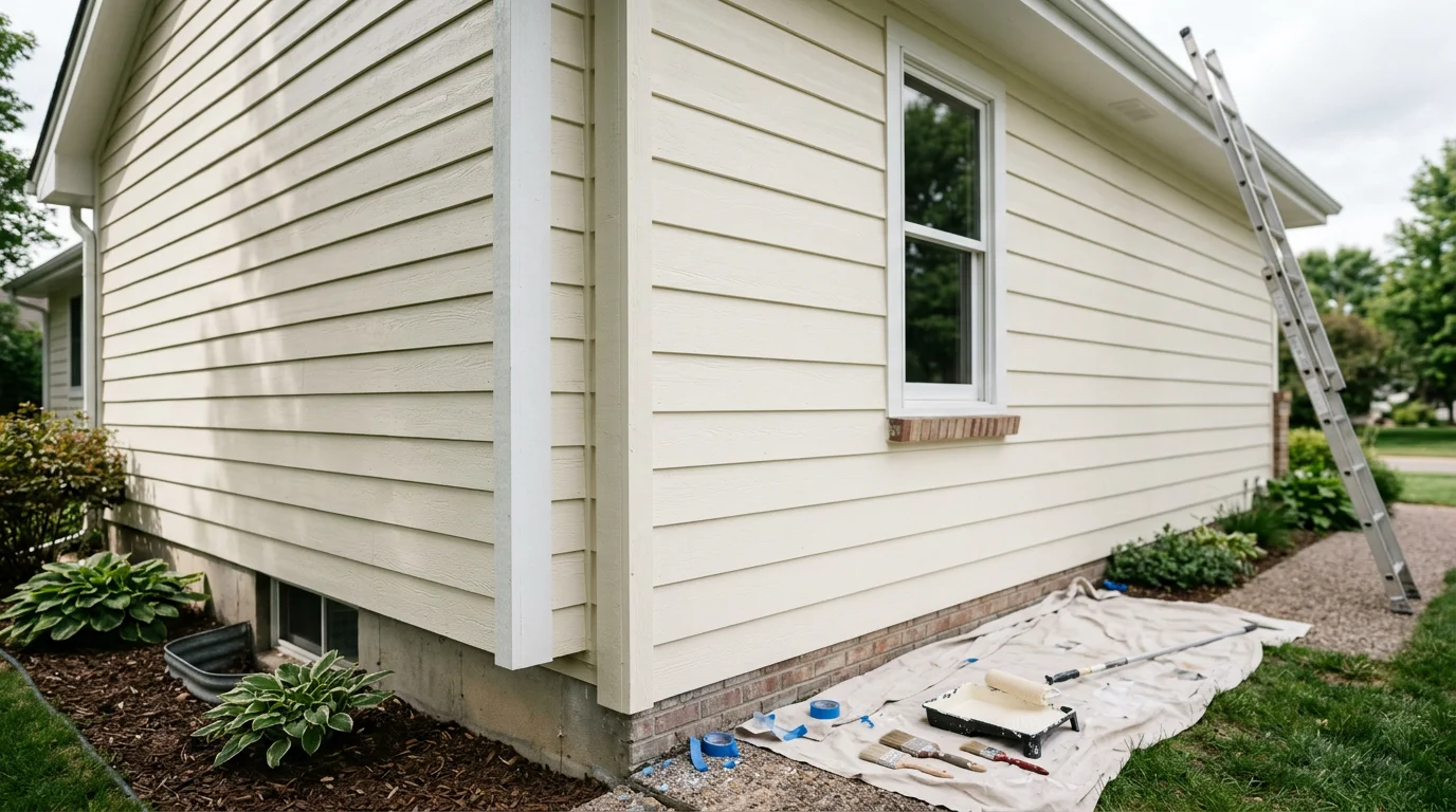 A freshly painted two-story single-family home in Woodbury, Minnesota, with clean siding and crisp white trim work visible against a clear sky. The exterior shows even coverage across siding panels and detailed paint lines along window frames and fascia boards.
