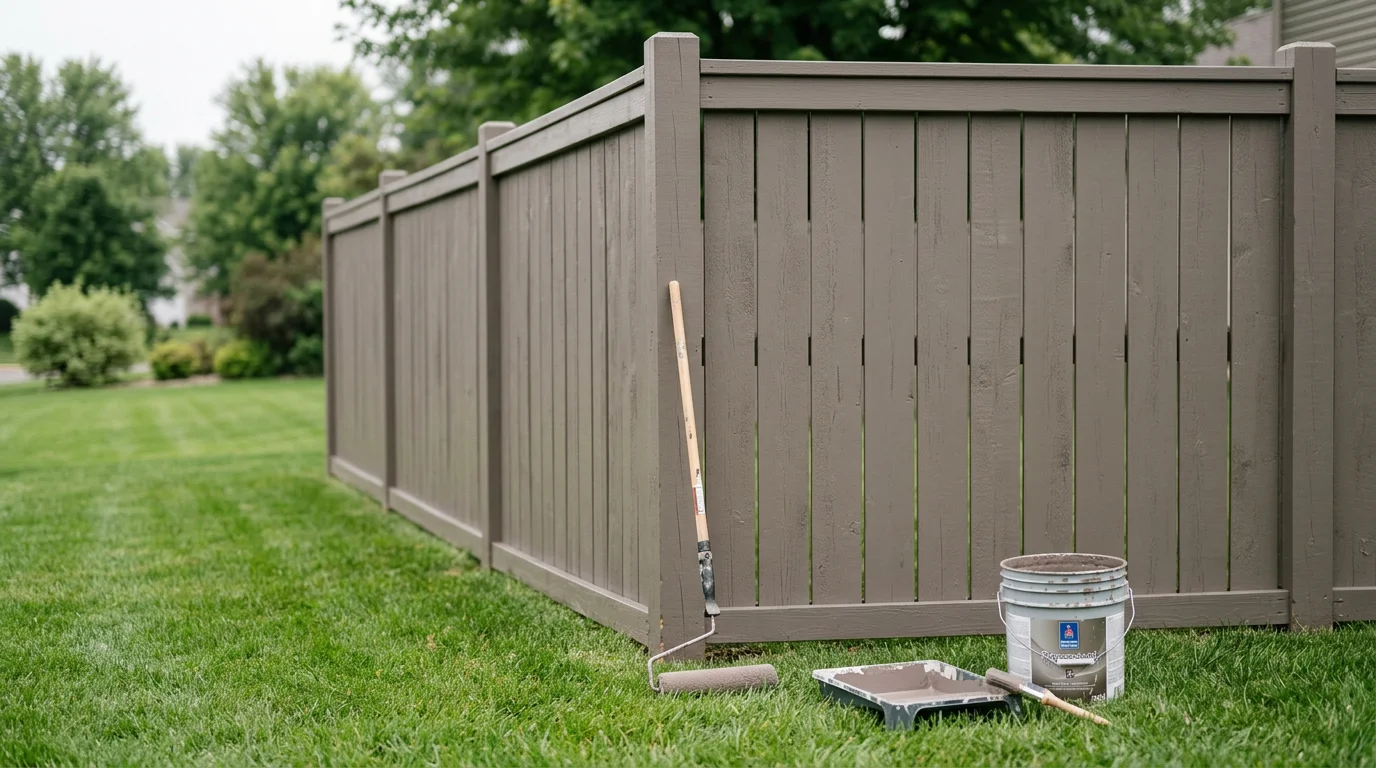 A freshly painted wood privacy fence along the backyard of a residential home in Woodbury, Minnesota, showing clean, even paint coverage across boards, rails, and posts. The fence contrasts with a green lawn under a clear sky.