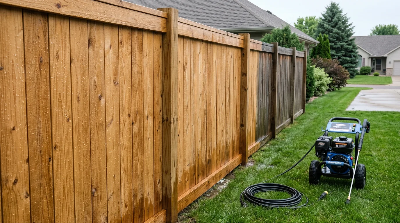 A clean wood privacy fence in a Woodbury, Minnesota backyard after professional pressure washing, with algae and dark staining fully removed from the boards. The fence surface is visibly bright and free of organic growth against a residential lawn setting.