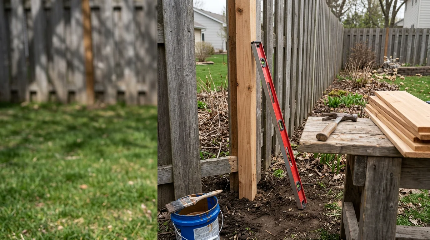 A repaired wood fence along the backyard of a Woodbury, Minnesota home, with freshly replaced boards and a reset post standing plumb against a residential yard. Close-up detail shows flush board alignment and solid post footing after a professional fence repair service.