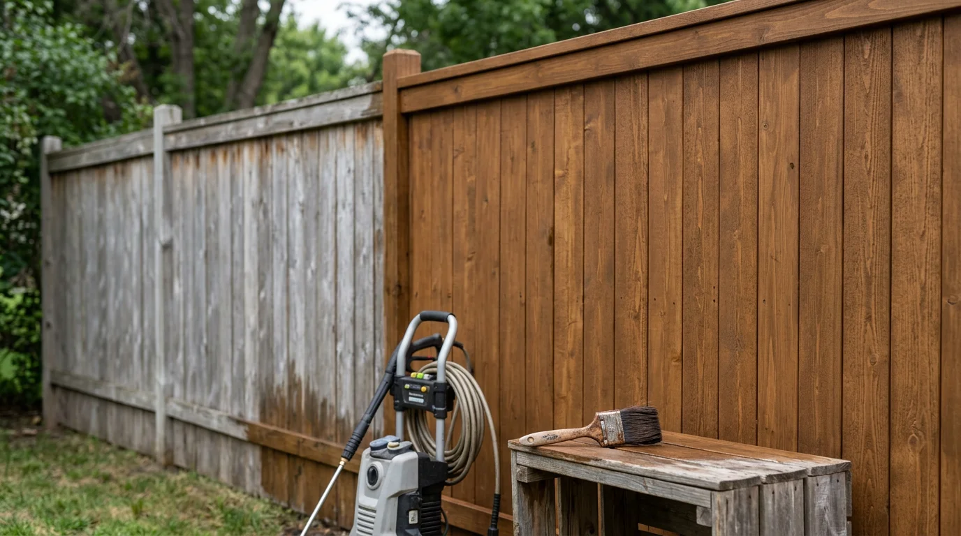 A freshly stained wood privacy fence in a Woodbury, Minnesota backyard, showing even stain coverage across boards and posts with a warm natural wood tone. The fence runs along a residential yard on a clear day, with no peeling or fading visible.
