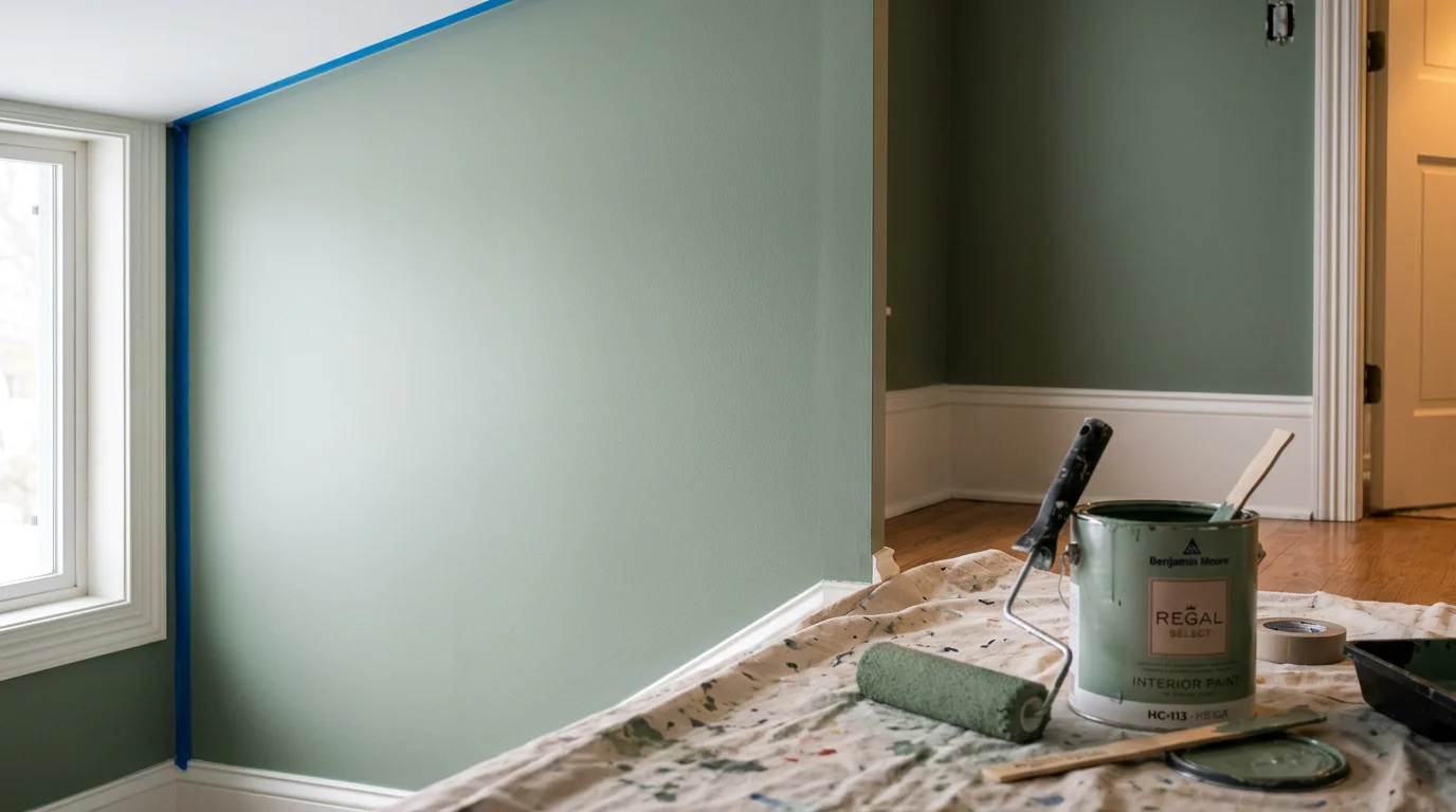 Freshly painted interior living room in a Woodbury, Minnesota home showing clean wall edges, painted trim, and smooth ceiling finish. A family-owned painting crew from Cesar's Painting LLC completed the full-room interior repaint with careful surface preparation and clean color transitions.