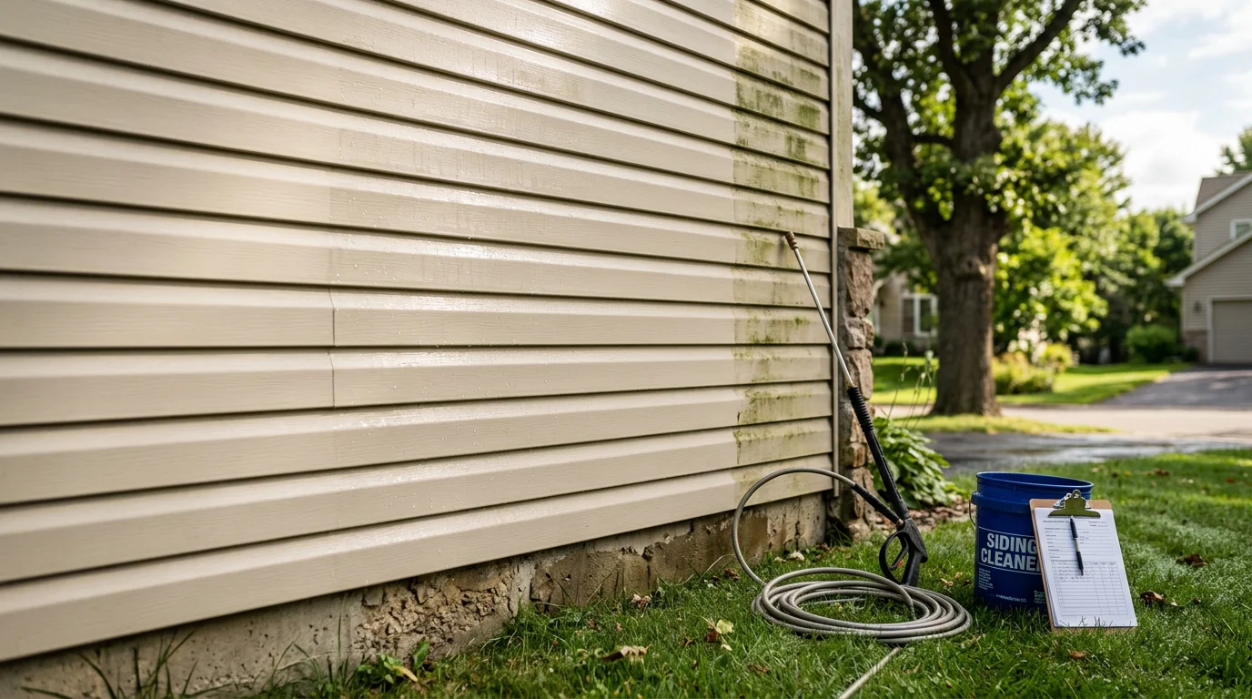 A Woodbury home with freshly pressure-washed vinyl siding showing clean, streak-free panels after mold and algae removal. A member of the Cesar's Painting LLC team works along the exterior wall with professional pressure washing equipment.