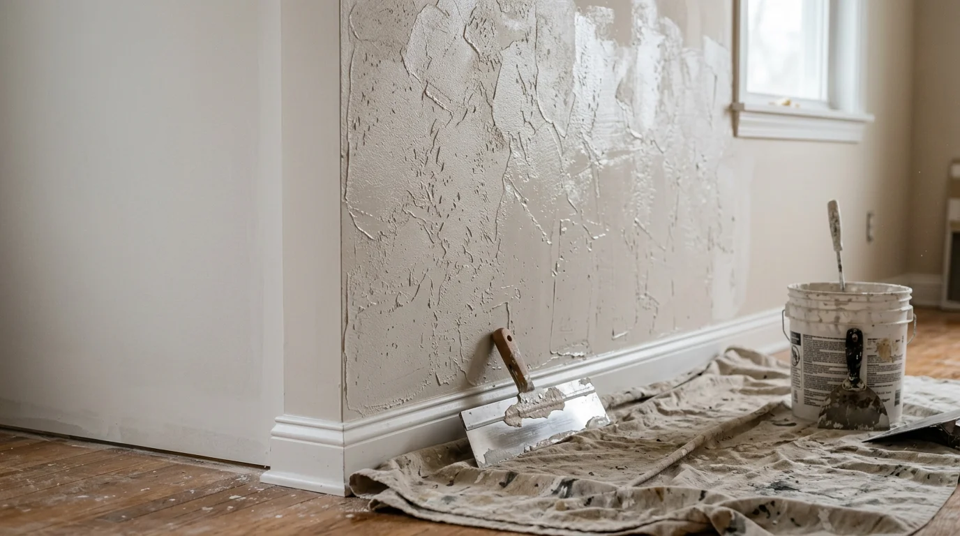 A freshly textured interior wall in a Woodbury, Minnesota home showing a uniform knockdown finish with consistent depth and pattern. The surface is ready for paint, with clean edges along the trim and ceiling line.