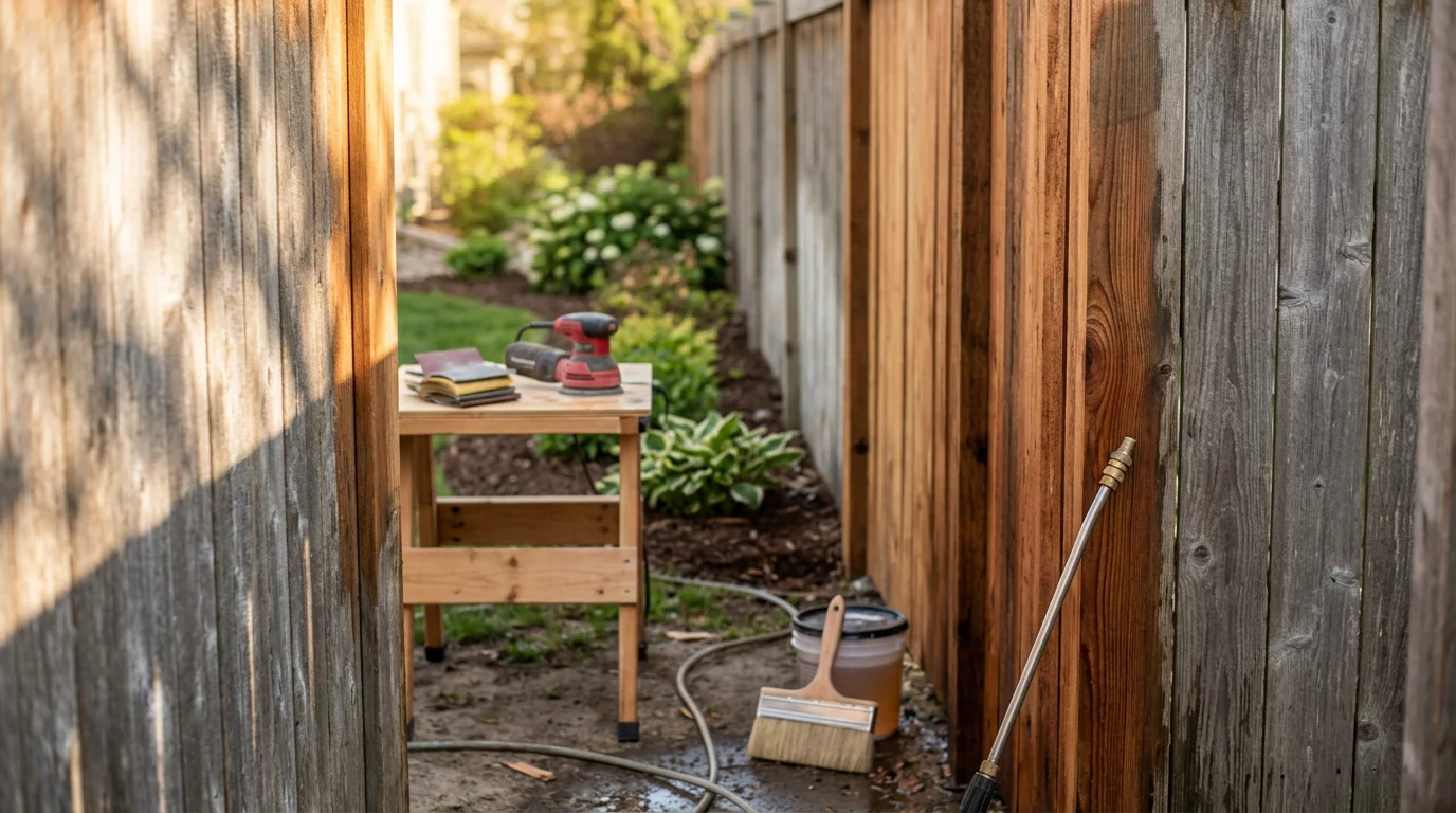 A restored wood privacy fence in a Woodbury, Minnesota backyard showing clean, smooth boards with an even protective finish after surface cleaning and sanding. The fence runs along a residential property line with a well-kept lawn visible in the foreground.